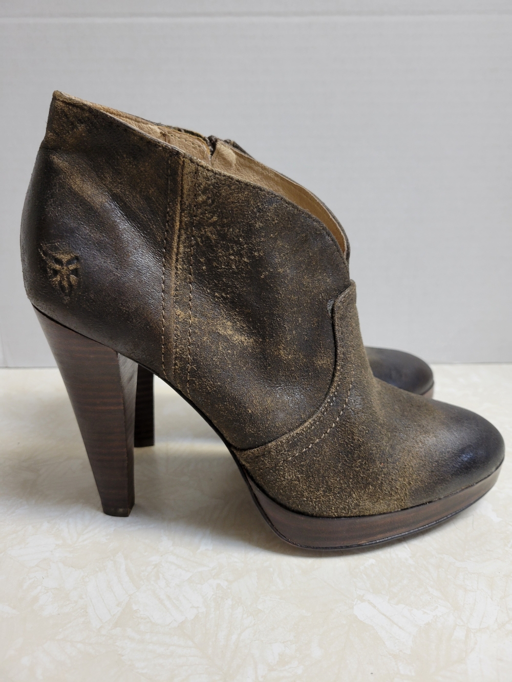 Frye Distressed Brown Leather High Heel Ankle Bootie